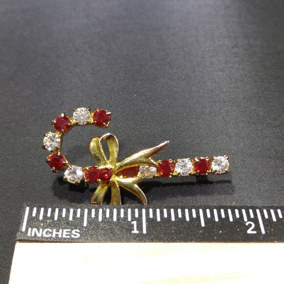 Eisenberg Ice Candy Cane Brooch, Red Clear Rhinestones, Vintage Jewelry - Picture 7 of 10